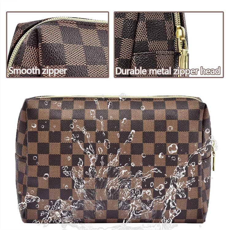 BAGCRAZY Makeup Bag, Cosmetic Bag, Portable Leather Large Checkered Makeup Bag, 2 Pack Large Capacity Travel Cosmetic Bag for Women, Lightweight BAGCRAZY