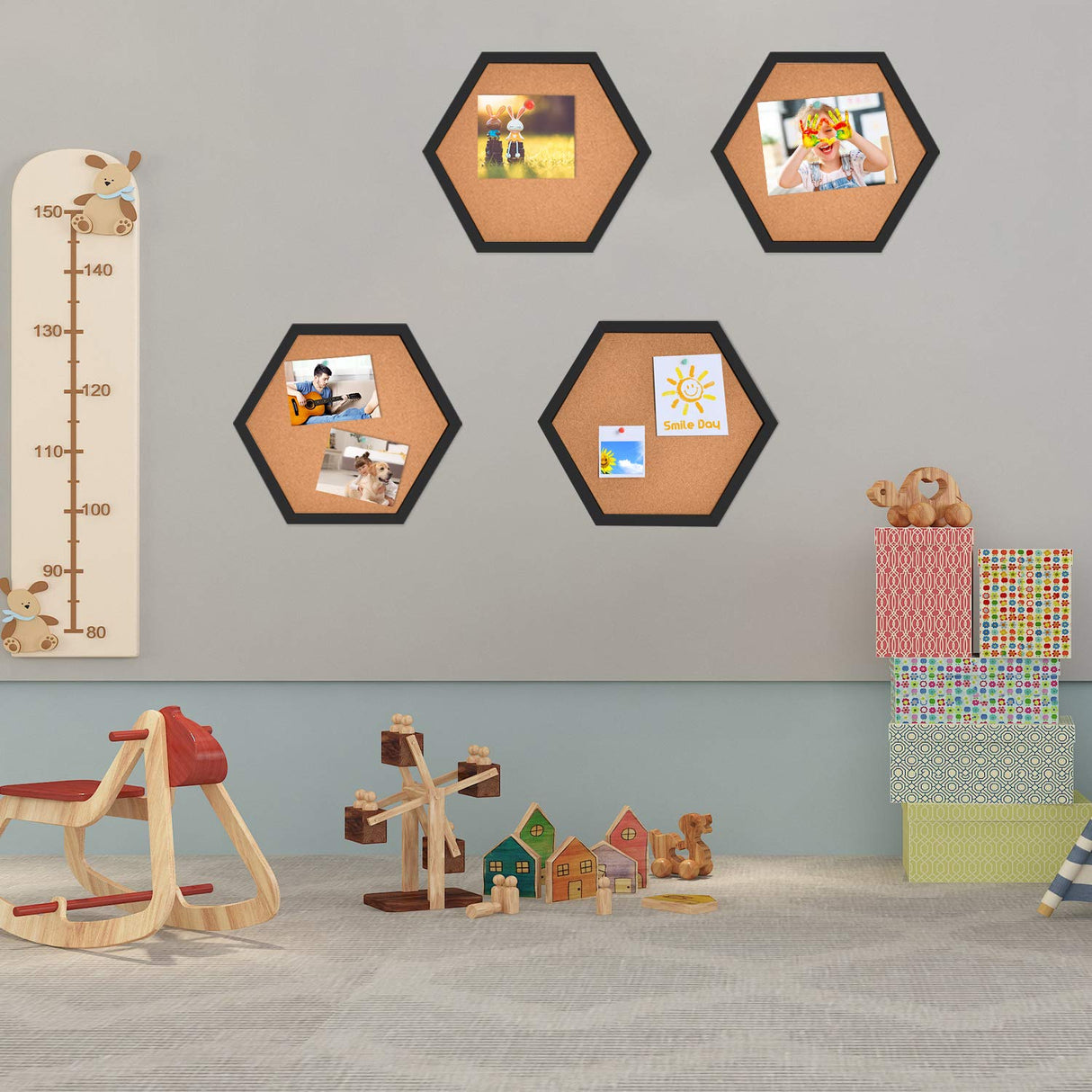 AkTop Cork Bulletin Board Hexagon 4 Pack, Small Framed Corkboard Tiles for Wall, Thick Decorative Display Boards for Home Office Decor, School AKTOP