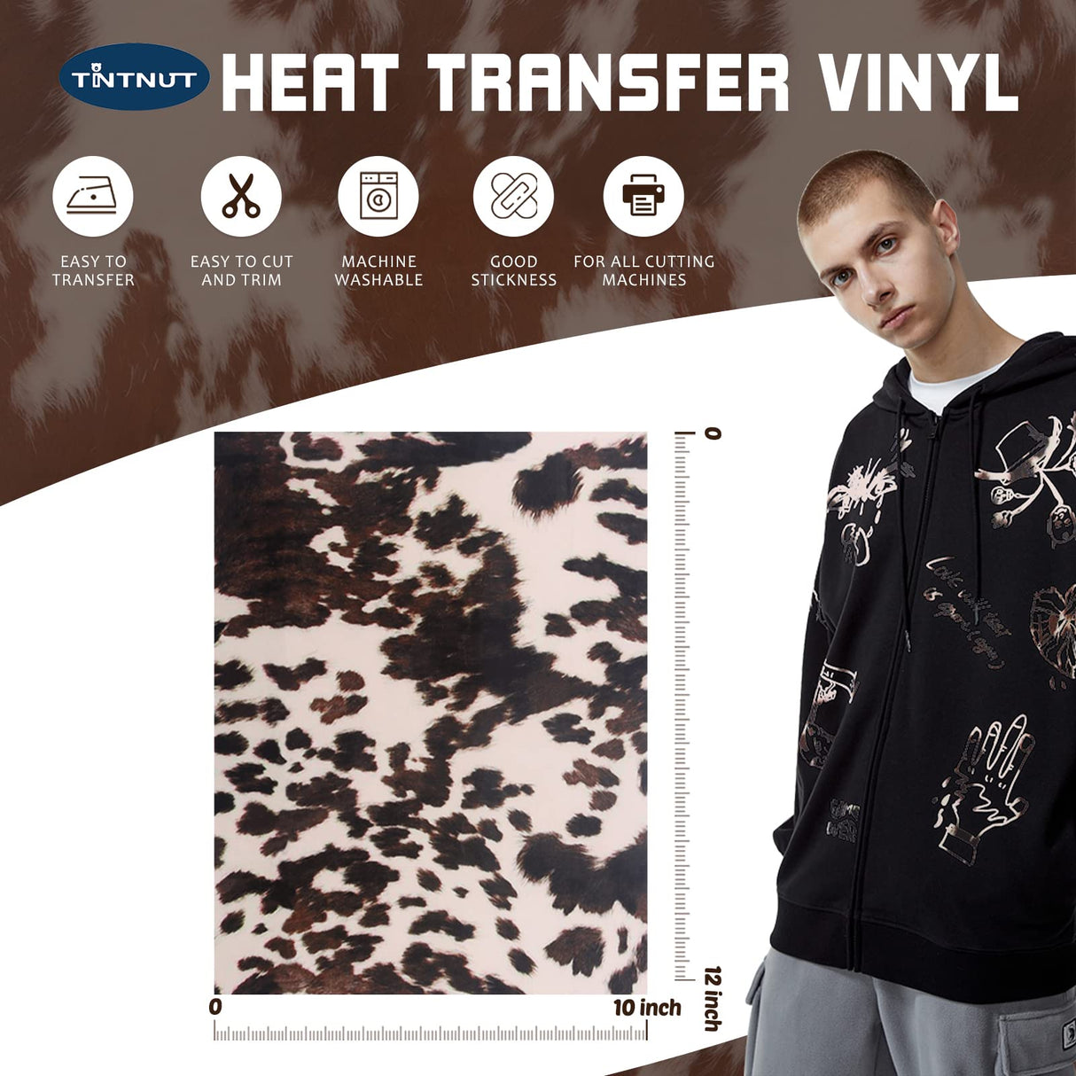 Tintnut Cowhide HTV Vinyl - 10 Sheets 12 x 10 inches Brown Heat Transfer Vinyl Animal Printed Patterned HTV Iron on Vinyl for T-Shirts DIY Compatible Tintnut