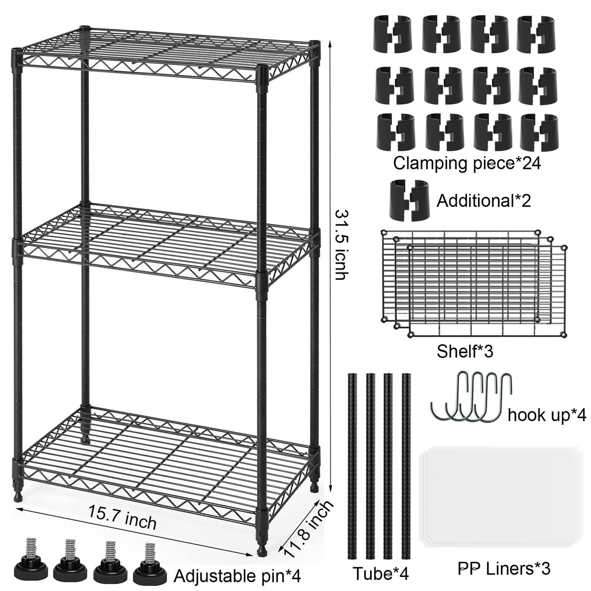 SsngygHme 3 Tier Shelf Storage, Wire Shelving Unit, 3 Tiers Standing Shelving Units Adjustable Metal Organizer Wire Rack with Leveling Feet, 15.7 '' SsngygHme