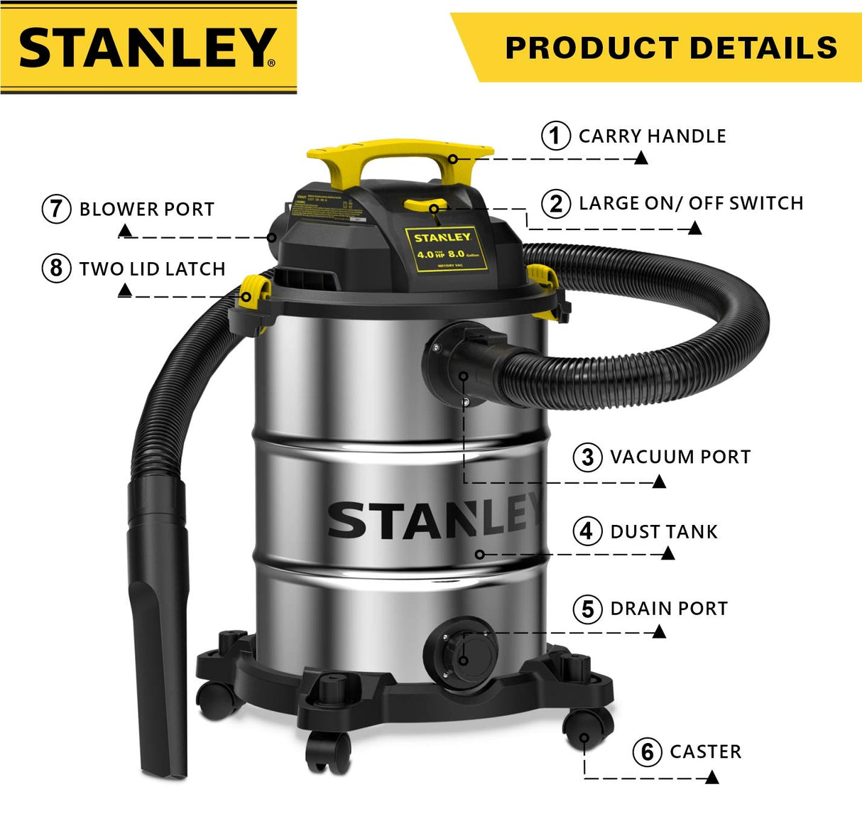 Stanley SL18117 Wet/Dry Vacuum, 8 Gallon, 4 Horsepower, 4.0 HP, Silver Stanley