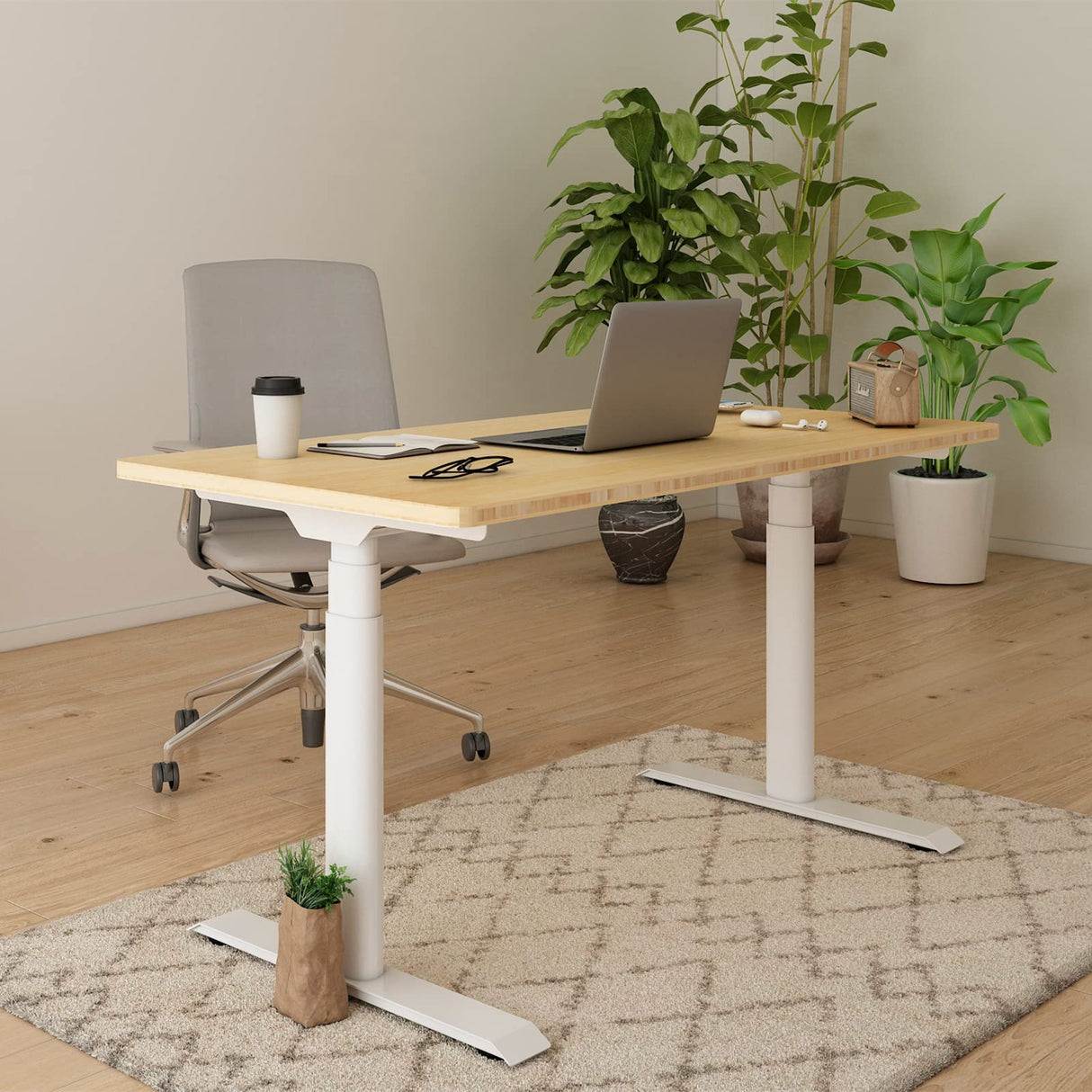 FLEXISPOT E8 Dual Motor 3 Stages Bamboo Electric Standing Desk 60x30 Inch Oval Leg Whole-Piece Board Height Adjustable Desk Electric Stand Up Desk FLEXISPOT