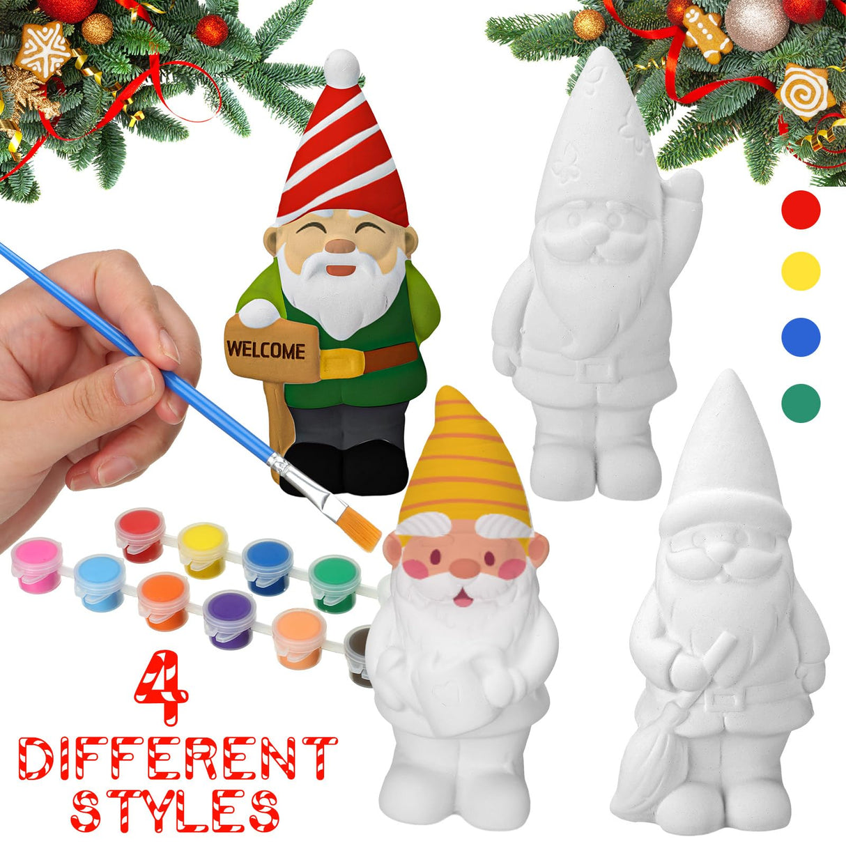 Barydat 4 Pcs Xmas Gnomes Ceramic Painting Kit for Kids Adults 5'' Gnome Statues with Paint Pod Strips, 2 Brushes Unpainted Blank Ceramics to Paint Barydat