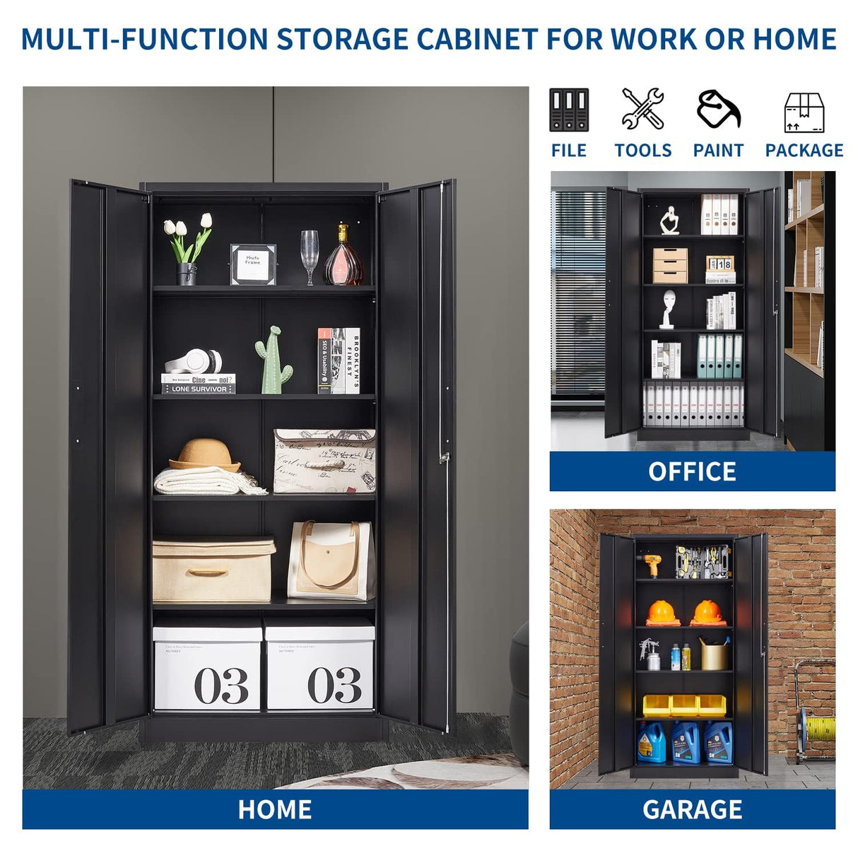 Fesbos Metal Storage Cabinet-71” Tall Steel File Cabinets with Lockable Doors and Adjustable Shelves-Black Steel Storage Cabinet for Home, School, Fesbos