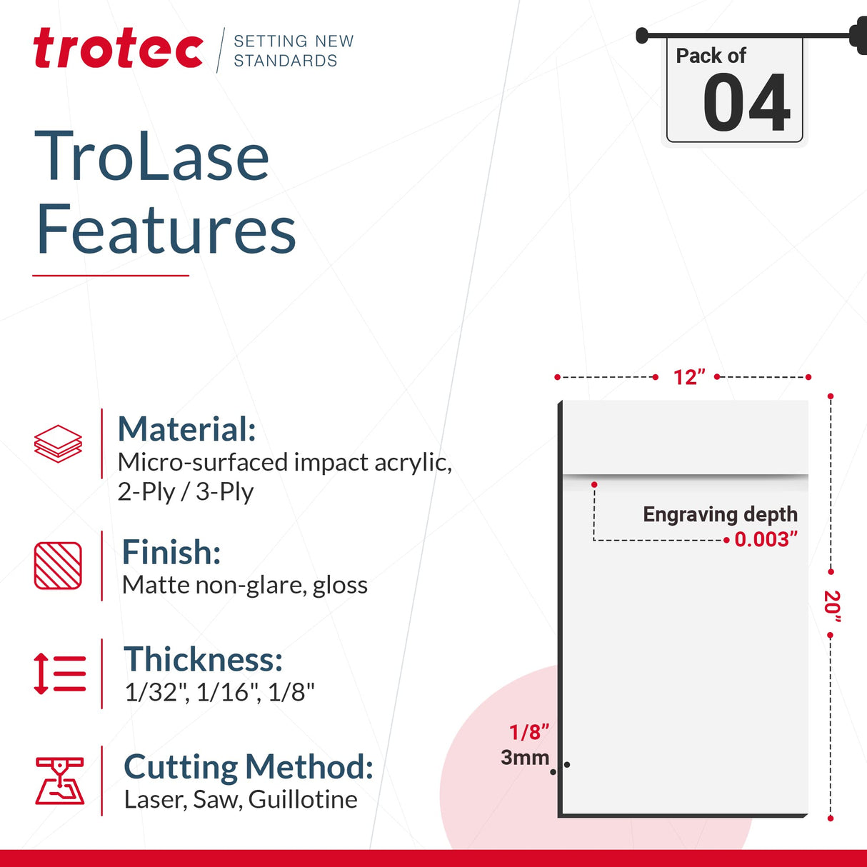 Trotec TroLase | 12"x20"x1/8", 4 Pcs | White/Black | 2 Ply | Modified Acrylic | Laser Engraving Double Color Plastic Sheet | Engraving Blanks for TROTEC