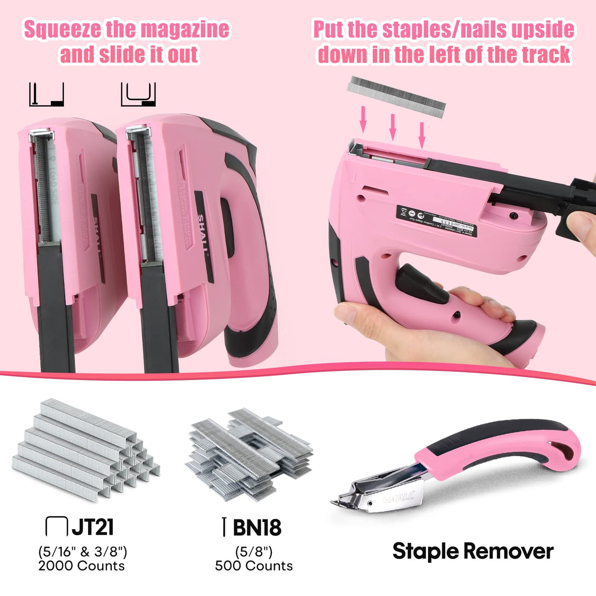 SHALL Pink Electric Staple Gun, 2 in 1 Cordless Upholstery Stapler Nail Gun for Wood, 4V Rechargeable Brad Nailer Kit w/ 2500 Staples Nails, Staple SHALL