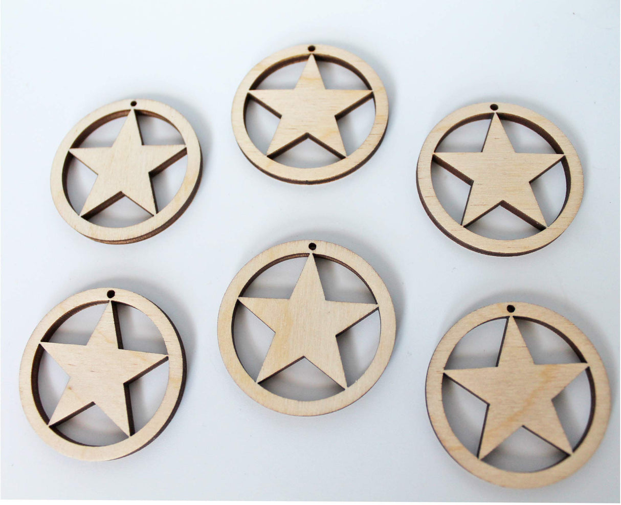 ALL SIZES BULK (12pc to 100pc) Unfinished Wood Laser Cutout Hoop Circle Star Dangle Earring Jewelry Blanks Shape Crafts Made in Texas Texan Wood Crafts
