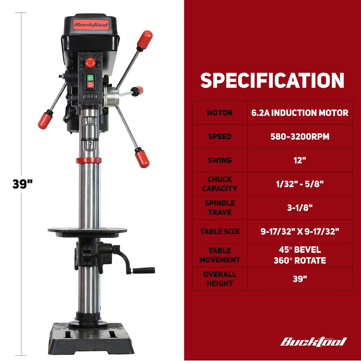 BUCKTOOL 12 INCH 6.2A Professional Bench Drill Press, 3/4HP Powerful Benchtop Drill Press, Variable Speed Drill Press with IIIA Laser and Work Light Bucktool