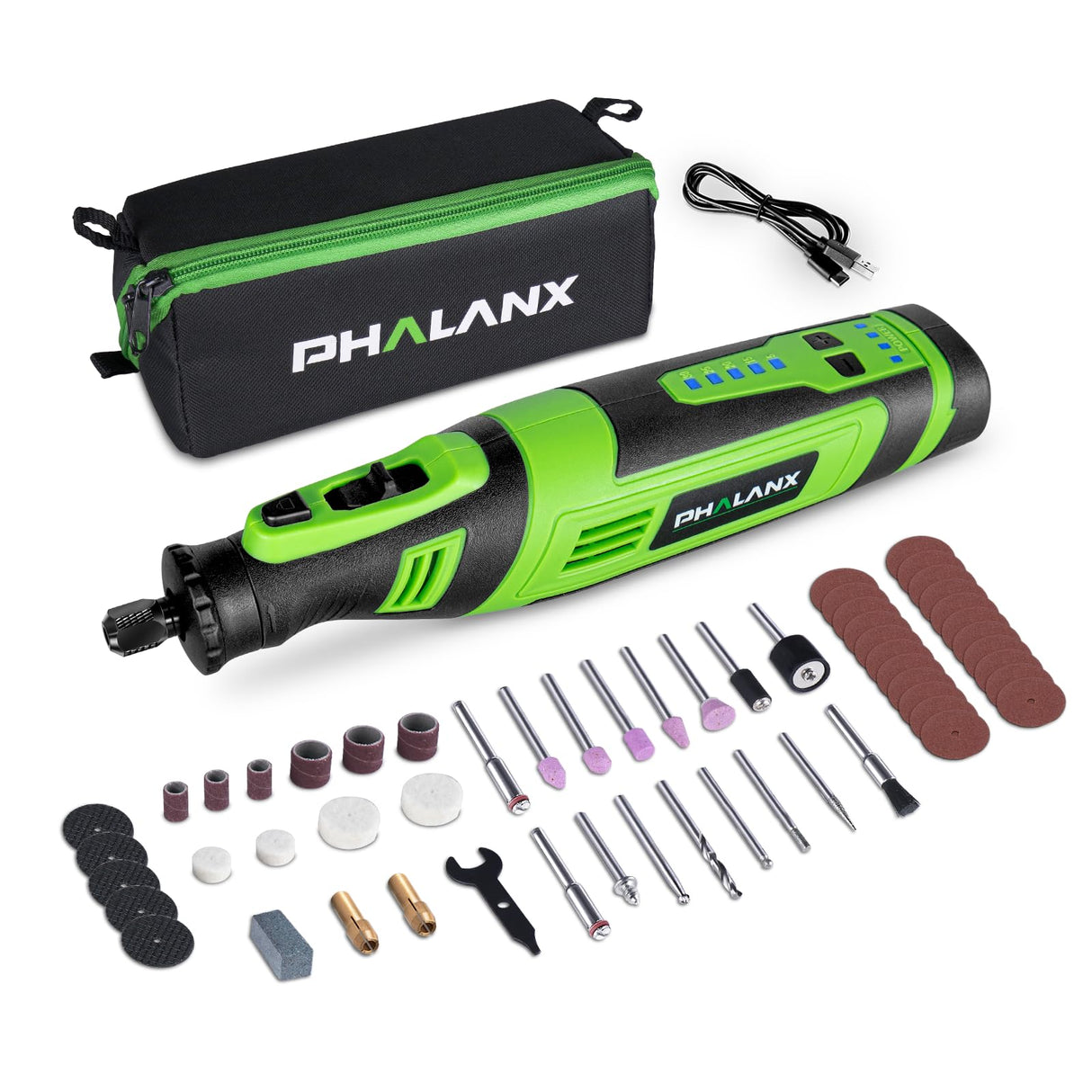 PHALANX 8V Cordless Rotary Tool Kit, 2.0 Ah Battery Rechargeable Rotary Tool with 73pcs Accessories, 5-Speed LED Light, Idea for Sanding, Carving, PHALANX
