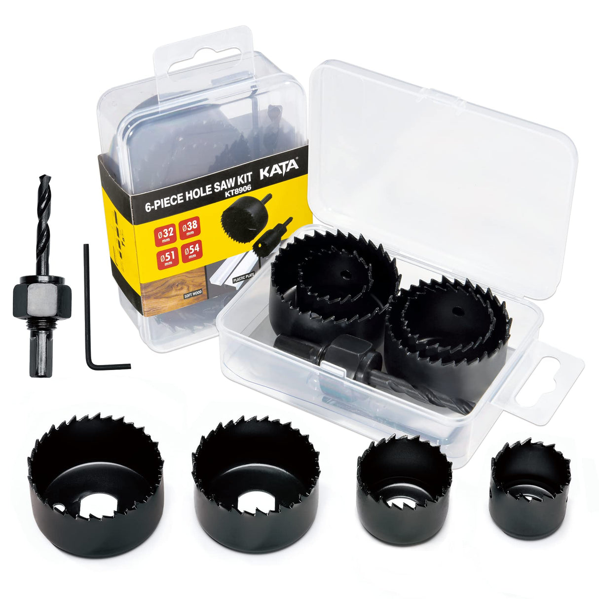 KATA 6PCS Hole Saw Kit 1-1/4" to 2-1/8"(32-54mm) Hole Saw Set in Case with Mandrels and Hex Key for Soft Wood, PVC Board, Plywood KATA