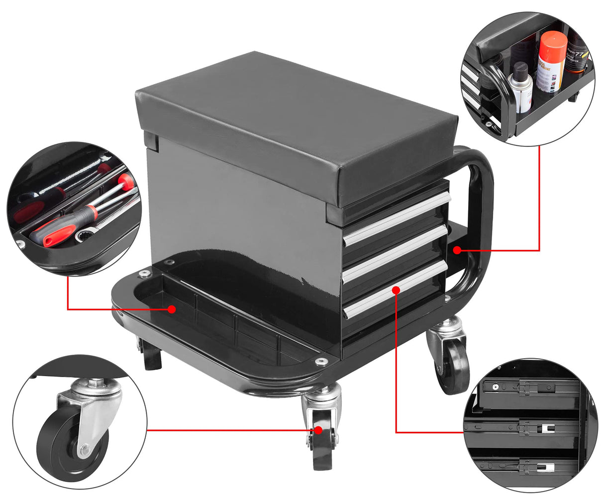 BIG RED Rolling Creeper Garage/Shop Seat with Three Built-in Drawers, Rolling Tool Chest,Black,APD2016AR BIG RED