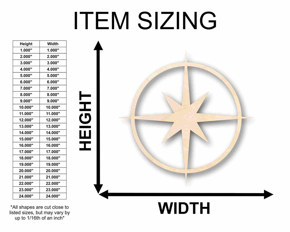 Unfinished Wood Compass Rose Star Sharp Six Point Star Silhouette - Craft- up to 24" DIY 10" / 1/4" 24 Hour Crafts
