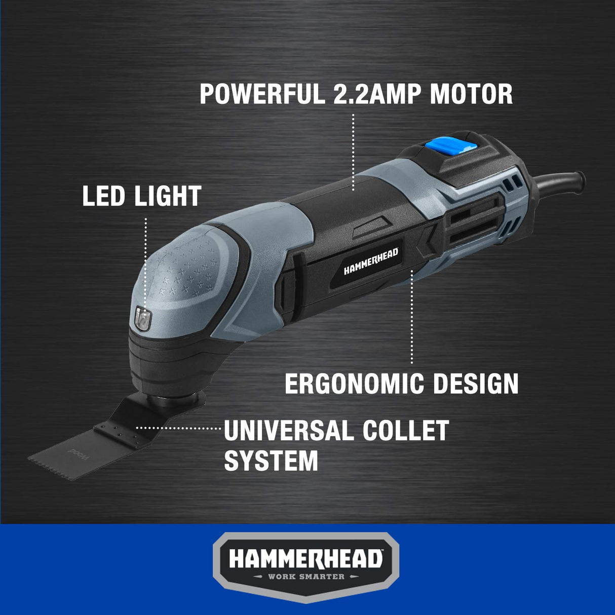 Hammerhead 2.2-Amp Oscillating Multi-Tool with 1pc Flush Cut Blade, 1pc Semicircle Saw Blade, 1pc Sanding pad, 3pcs Sanding Paper - HAMT022 Hammerhead