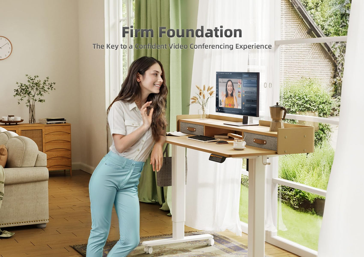 YDN Standing Desk with Drawers, 48 Inch Standing Desk Adjustable Height, Adjustable Electric Stand Up Sit Stand Small Desk with Storage and Shelf, YDN