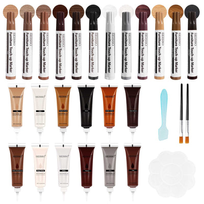 SEISSO Furniture Repair Kit, Wood Markers for Scratches, 12 Colors Furniture Touch-up Markers and Wood Fillers, New Upgrade Wood Repair Kit - Restore