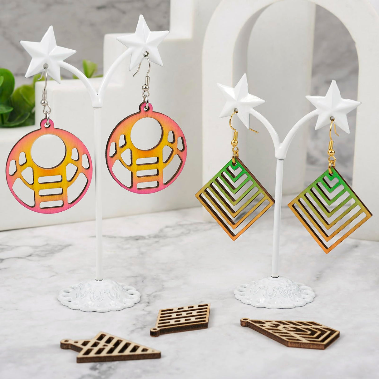 Beadthoven Wooden Earring Making Kit for Adults 12 Styles Hollow Filigree Wood Pendants Geometric Dangle Earrings Unfinished Wooden Charms with BB Beadthoven