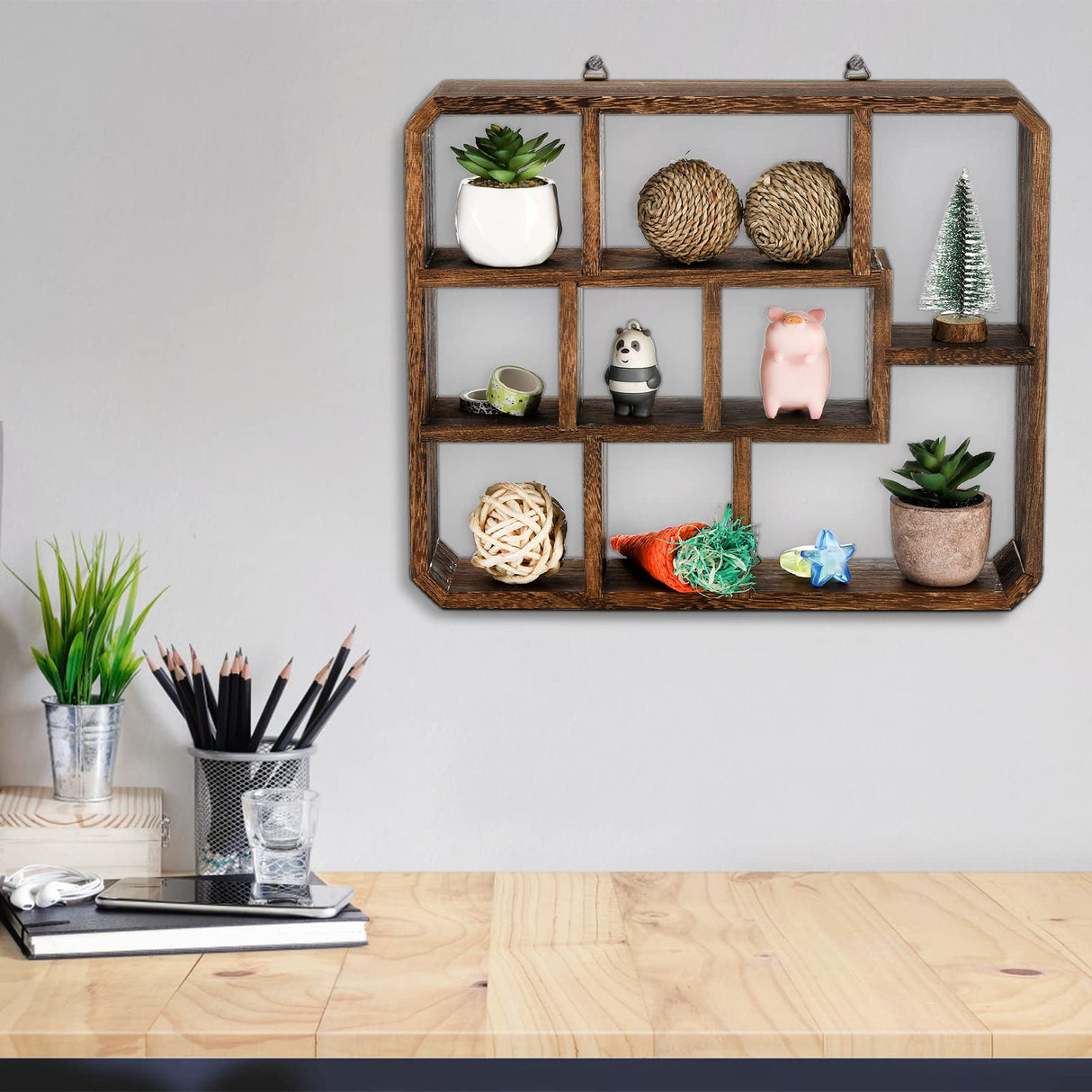 Frcctre Rustic Shadow Box Display Shelf, 9 Compartments Wood Hanging Display Shelf Floating Shelf, Multi-Slot Wall Mounted or Freestanding Farmhouse Frcctre