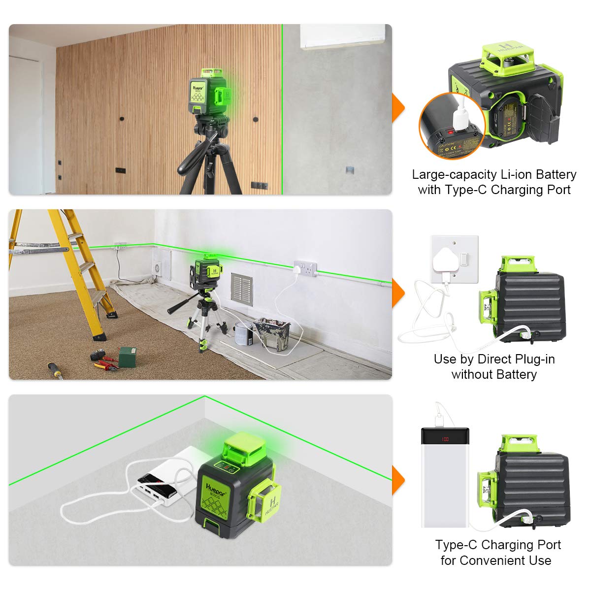 Huepar 3D Cross Line Self-leveling Laser Level, 3 x 360 Green Beam Three-Plane Leveling and Alignment Laser Tool, Hard Carry Case Included - B03CG Huepar