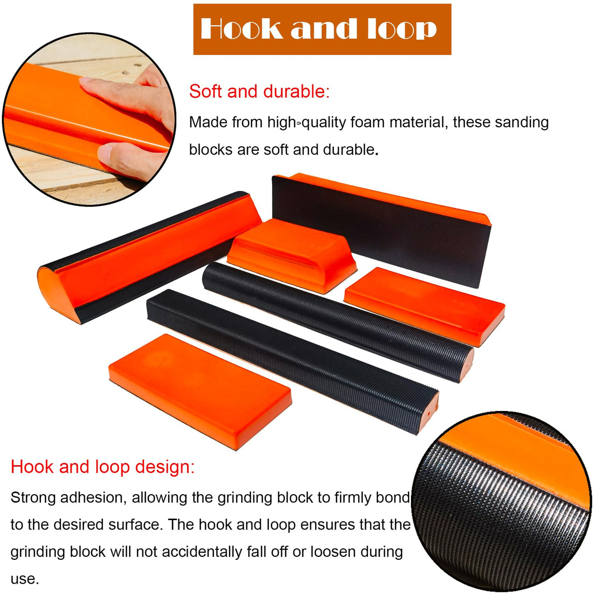 Tonmp 7 Piece Orange Hand Sanding Block Set, Rectangle Handheld Sanding Pad, Hook and Loop Interchangeable Assorted Shapes for Sanding or Polishing Tonmp