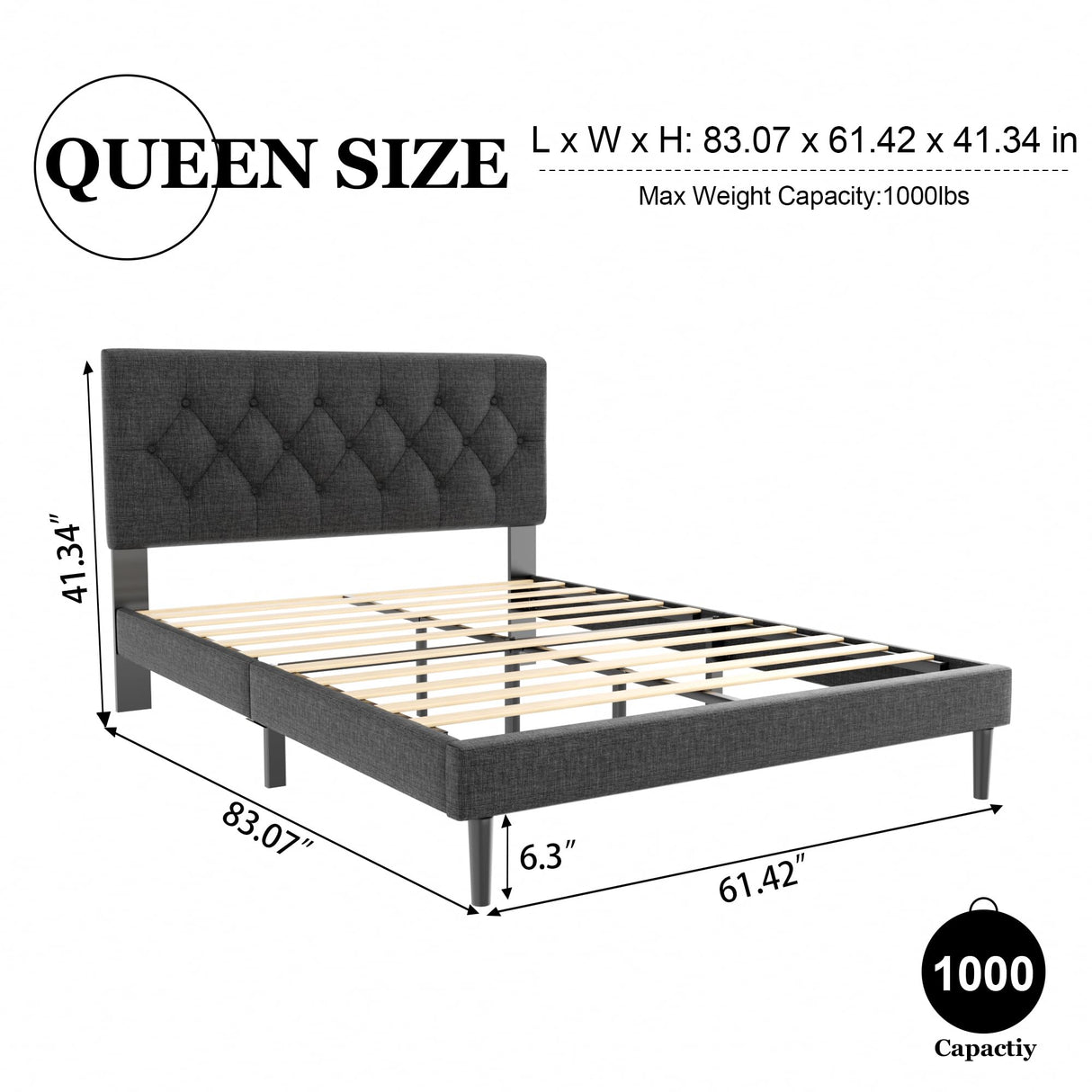 HAOARA Dark Gray Queen Size Platform Bed Frame with Upholstered Button Tufted Headboard HAOARA
