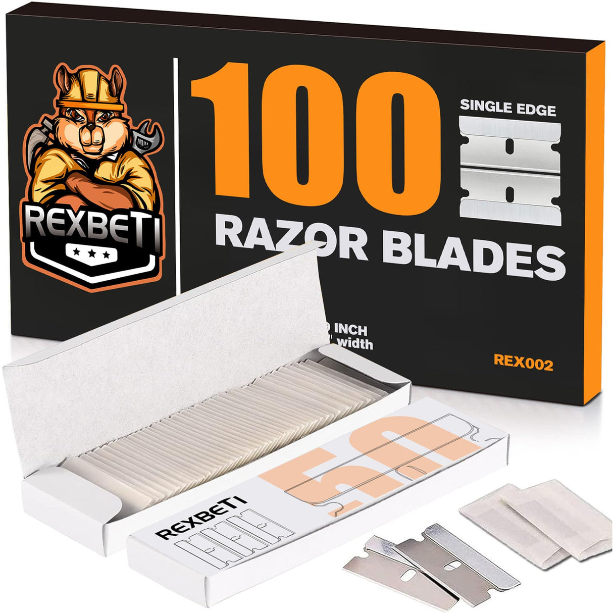 REXBETI 100PCS Single Edge Razor Blades, Industrial Razor Blades for Scraper, Suitable for Removing Labels, Decals, Stickers and Old Paint REXBETI