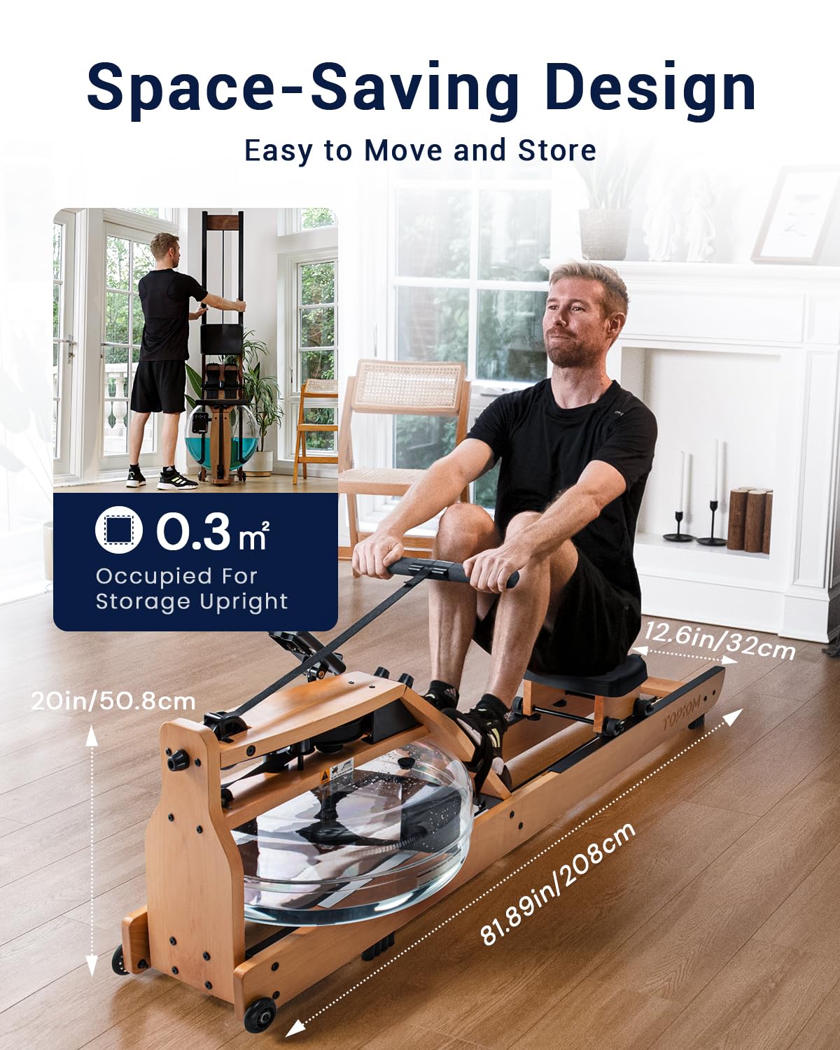 TOPIOM Water Rowing Machine with TM-3 Performance Monitor, 400 lbs Max Load, Oak Wood Rower Machine TOPIOM