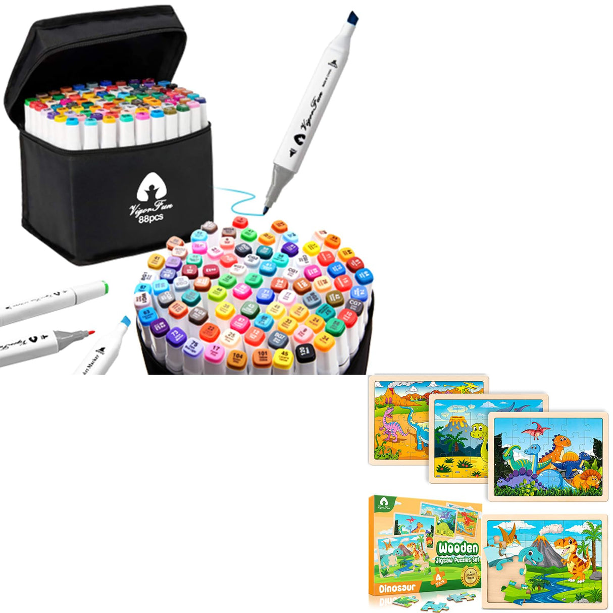 88 Colors Alcohol Markers & 4 Pack Wooden Dinosaur Puzzles VigorFun