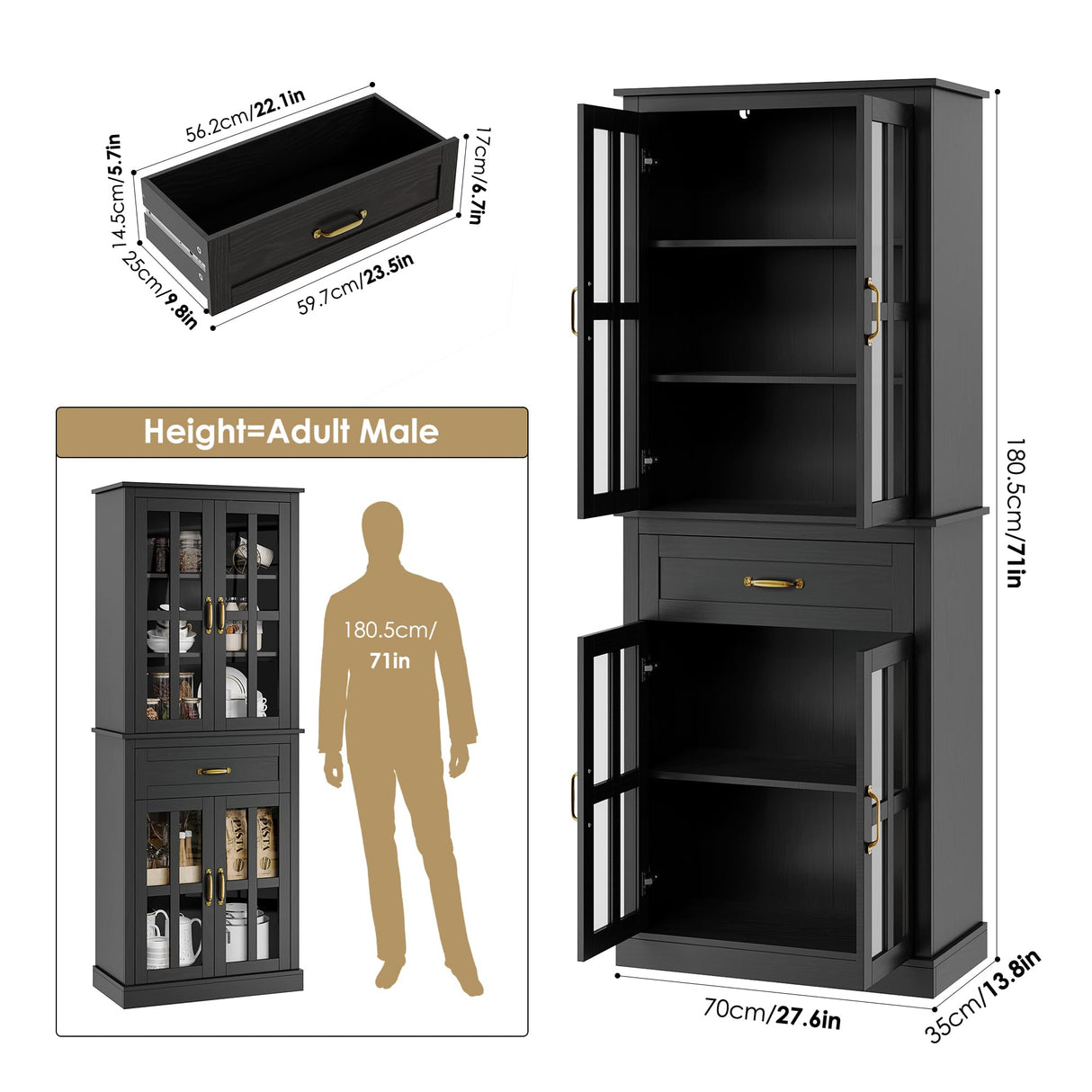 FOTOSOK 71'' Kitchen Pantry Cabinet, Tall Kitchen Cabinet Pantry Cabinet with Glass Doors and Drawer, Freestanding Food Pantry Kitchen Hunch with FOTOSOK