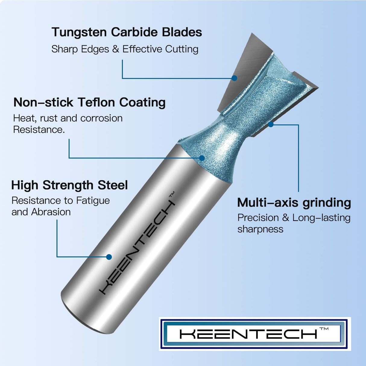 KEENTECH Router Bits, Carbide Tipped 14-Degree Dovetail Bit for Joinery, Industrial Grade Blue Cutting Tools for Woodworking (1/4 Inch Shank x 1/2 KEENTECH