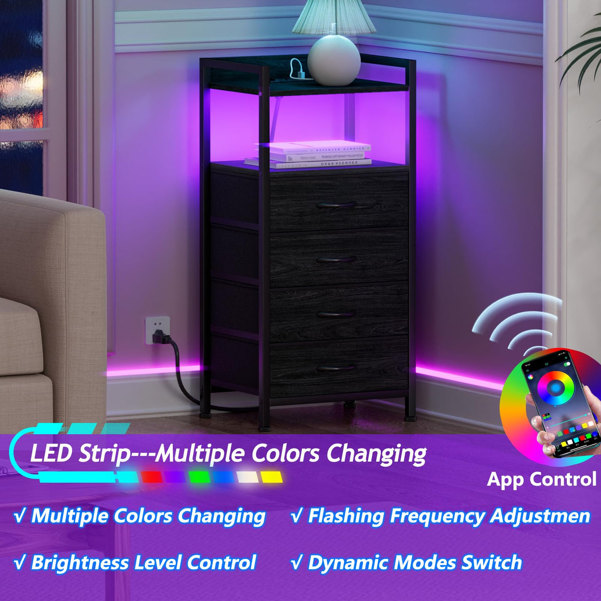 Furnulem 4 Drawer Nightstand with Shelf, Tall Black Dresser for Bedroom with Led Light and Charging Station, Bed Side Table for Living Room, Fabric Furnulem