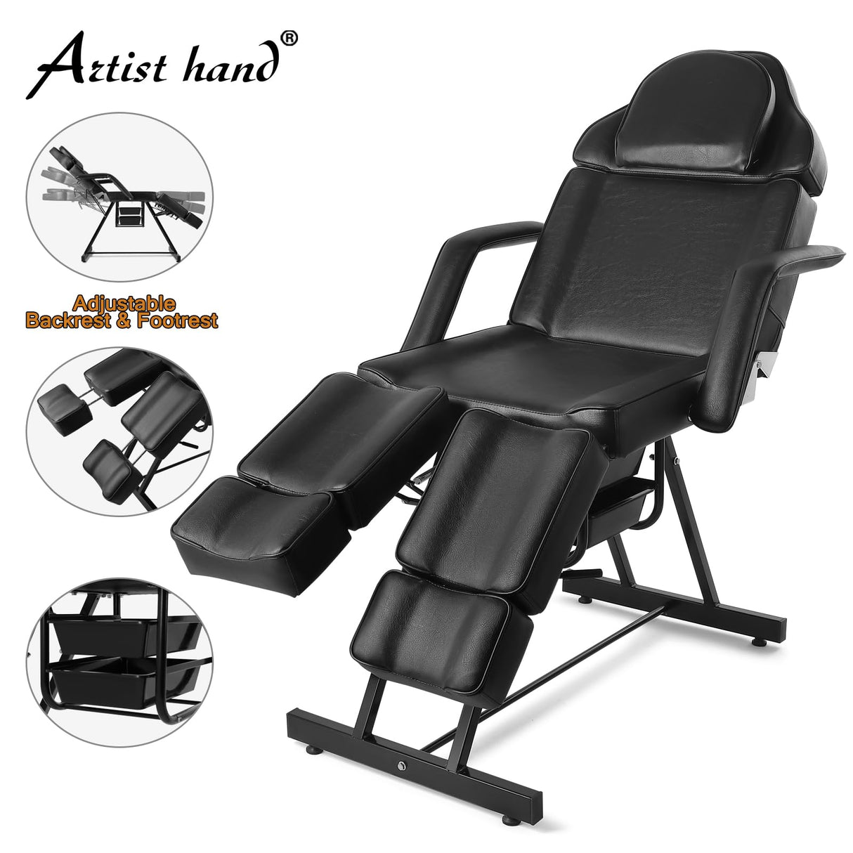 Artist hand Tattoo Table with Adjustable Backrest Tattoo Chair for Client Facial Bed Massage Bed for Eyelash Extensions Salon Chair with Tray, Split Artist hand