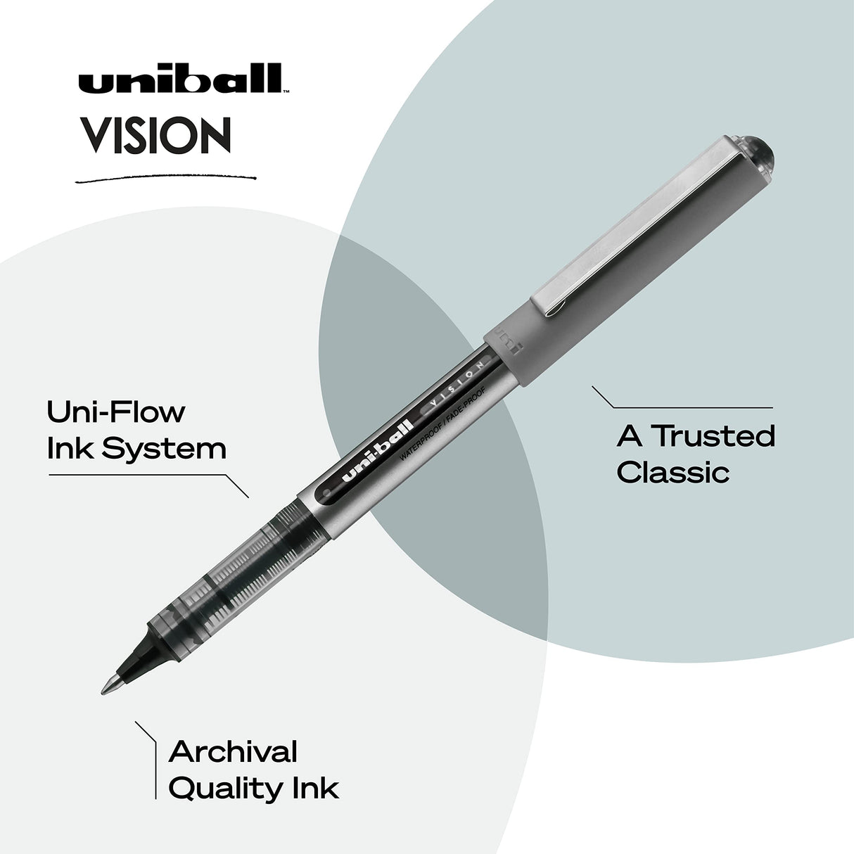 Uniball Vision Rollerball Black Pens Pack of 4, Fine Point Pens with 0.7mm Medium Black Ink, Ink Black Pen, Smooth Writing Bulk Pens, and Office uni-ball