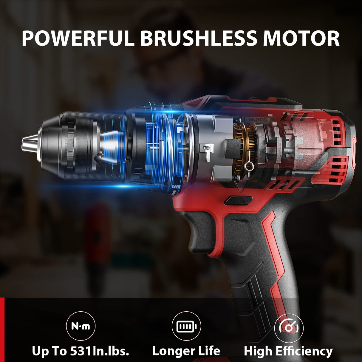 DCK Brushless Hammer Drill, 20V Max Hammer Drill Cordless, 531In-lb,36000 BPM,1/2" All-Metal Chuck, Variable Speeds, 22+1+1 Torque Setting, 4.0Ah DCK