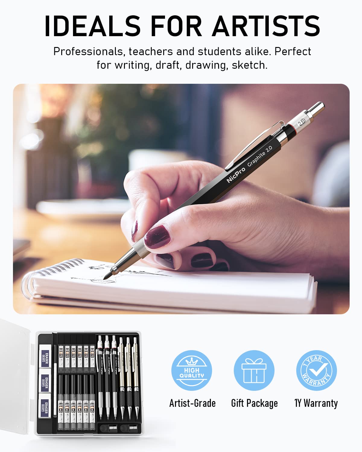 Nicpro 6PCS Art Mechanical Pencils Set, 3 PCS Metal Drafting Pencil 0.5 mm & 0.7 mm & 0.9 mm & 3 PCS 2mm Graphite Lead Holder (2B HB 2H) For Writing, Nicpro