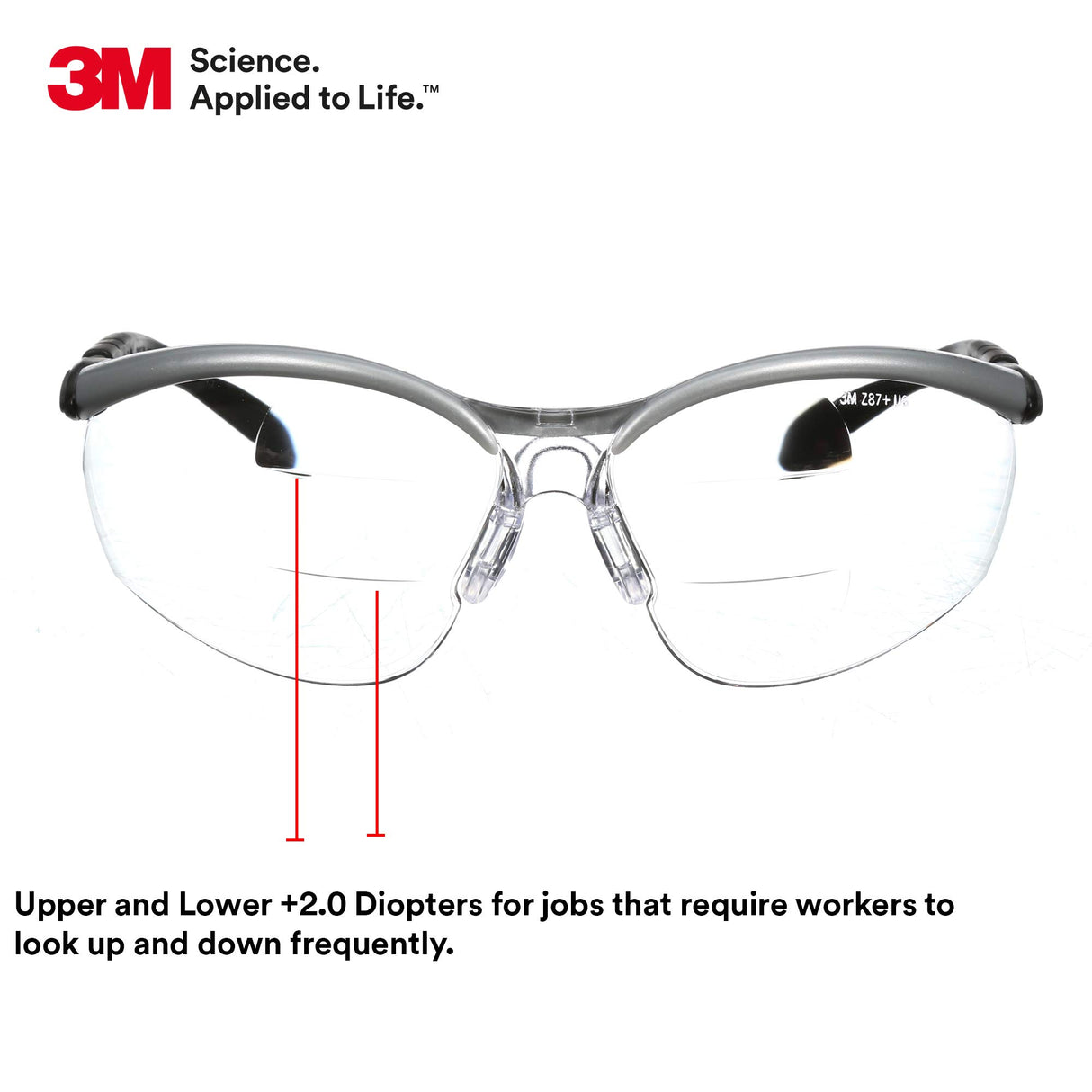 3M Safety Glasses, BX Dual Readers, +2.0, ANSI Z87, Anti-Fog Clear Lens, Silver/Black Frame, Adjustable Length Temples and Lens Angle 3M