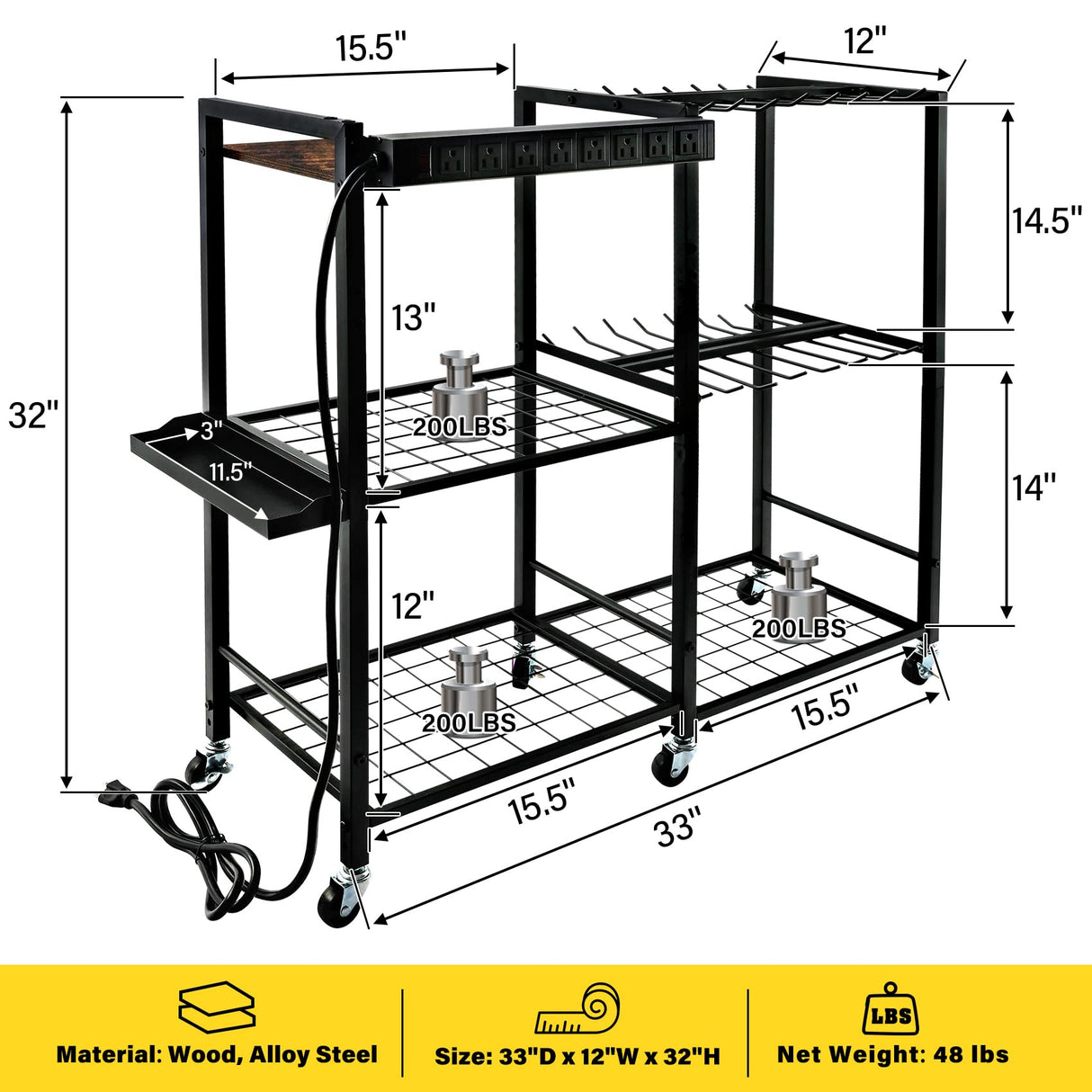TC-HOMENY Power Tool Organizer Garage Storage with Charging Power Strip, 28 Drill Rack Tool Holder Racks Rolling Tool Cart on Wheels, Tool Shelf TC-HOMENY