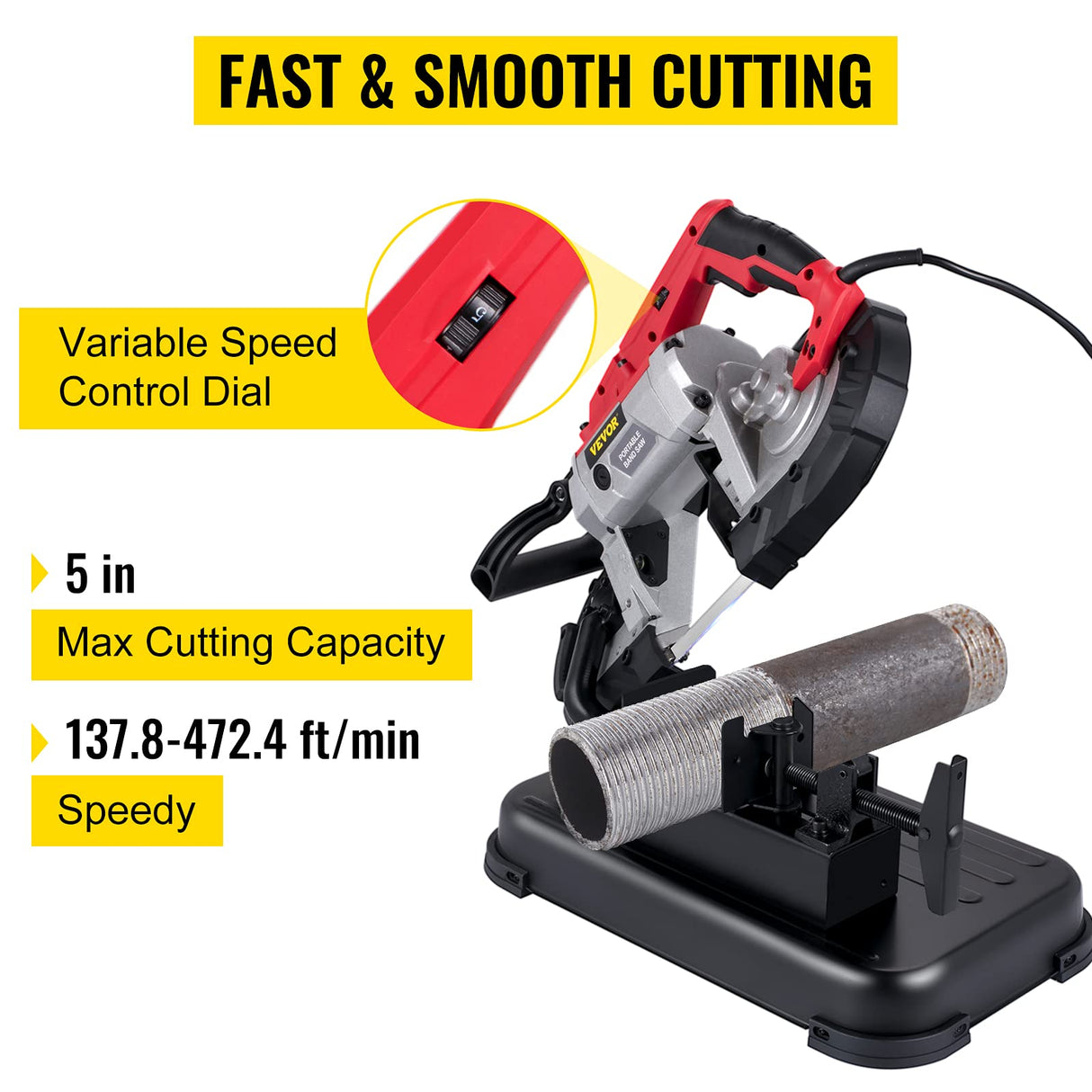 VEVOR Portable Band Saw, 110V Removable Alloy Steel Base Cordless 5 Inch Cutting Capacity Hand held Variable Speed Portable Bandsaw, 10Amp Motor Deep VEVOR