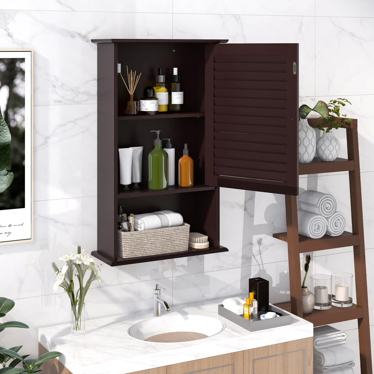 Tangkula Medicine Cabinet, Wall Mounted Bathroom Cabinet Single Door Wooden Bathroom Wall Cabinet with Adjustable Shelf (Brown) Tangkula