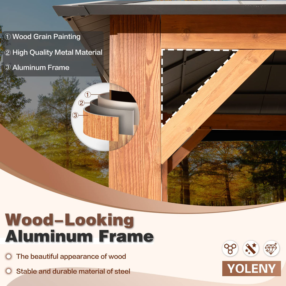 YOLENY 12' x 14' Ultra-Thick Columns and Beams Hardtop Gazebo, Metal Gazebo with Faux Wood Grain Aluminum Frame, Dual Material Double Roof, Outdoor YOLENY