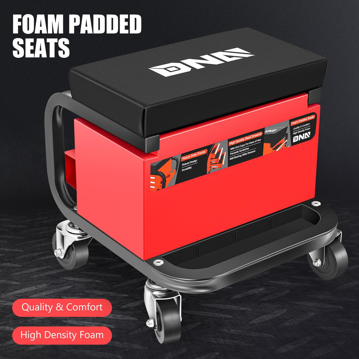 DNA MOTORING 3-Drawer Rolling Mechanic Seat Garage Shop Roller Stool with Tray and Storage Slots, 242lbs / 110kg Weight Capacity,TOOLS-00142 DNA MOTORING