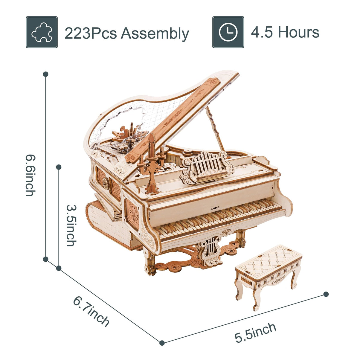 ROKR 3D Wooden Piano Model Kit - 1:20 Scale Music Box with Self-Playing Keys (223 pcs) ROKR