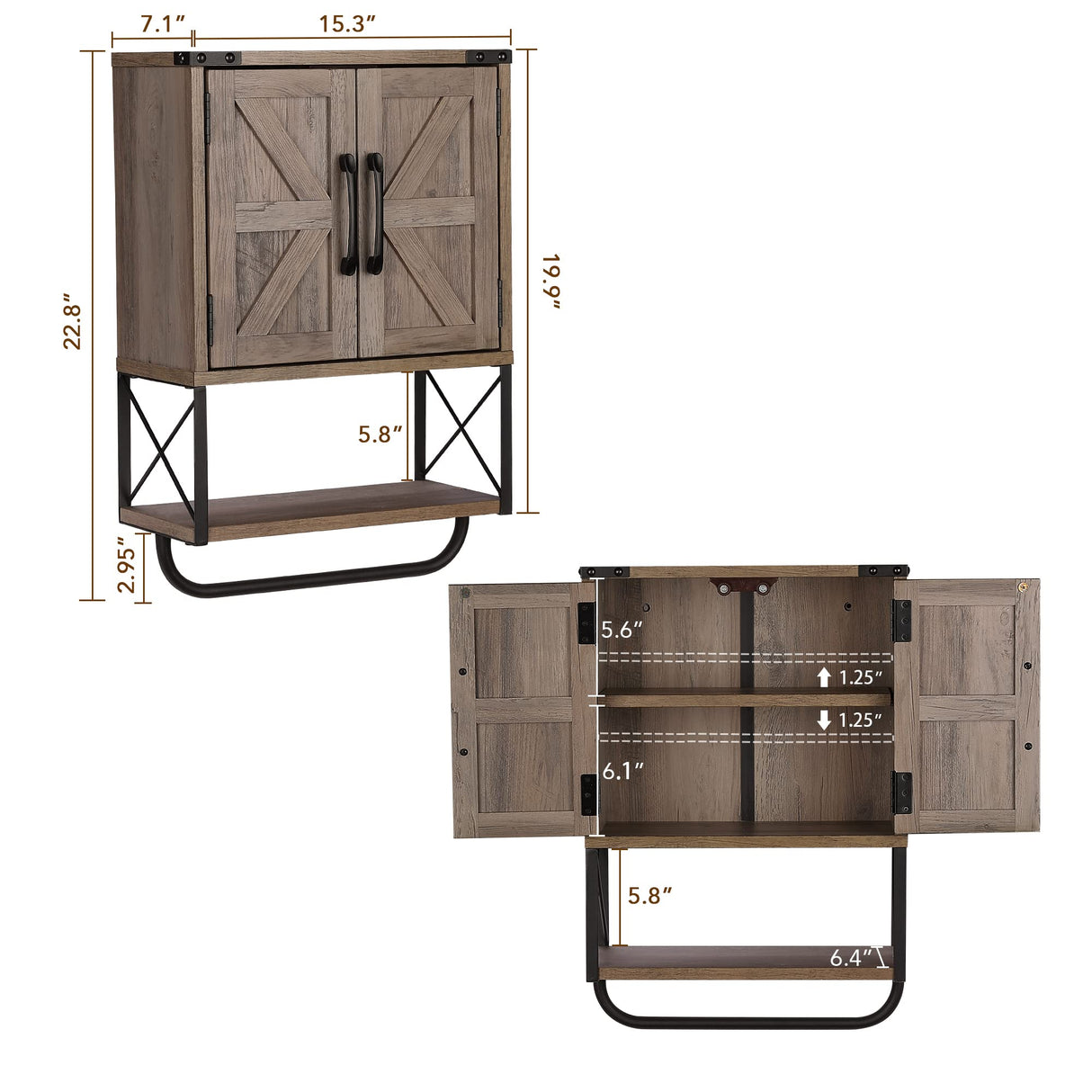 RUSTOWN Farmhouse Rustic Medicine Cabinet with Two Barn Door,Wood Wall Mounted Storage Cabinet with Adjustable Shelf and Towel Bar, 3-Tier Cabinet RUSTOWN