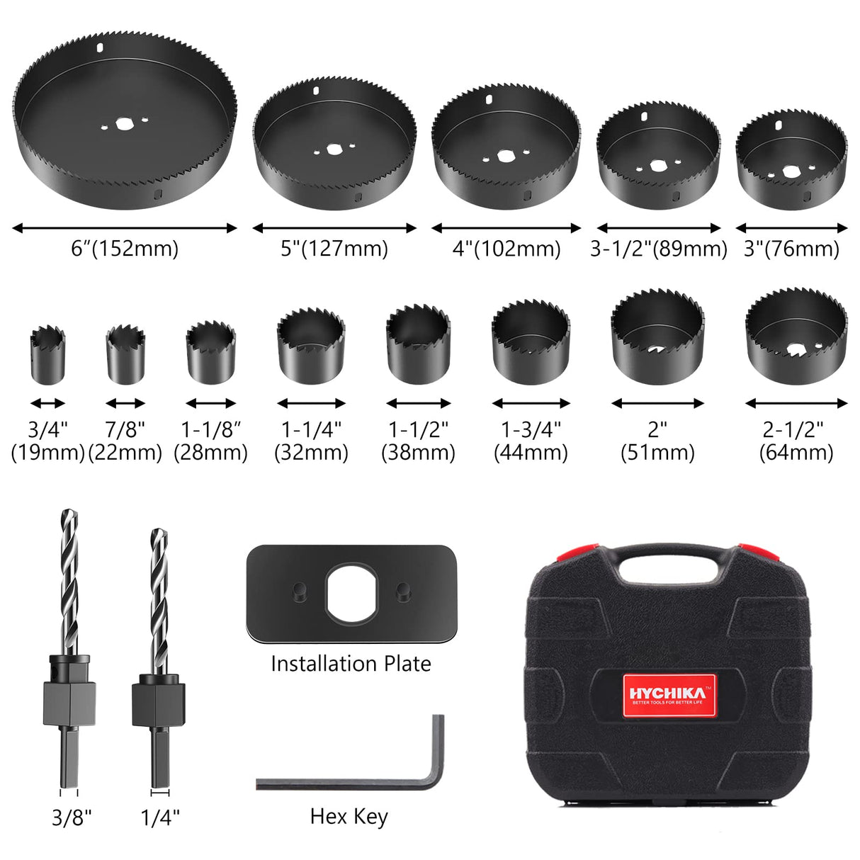 Hole Saw Set HYCHIKA 19 Pcs Hole Saw Kit with 3/4"-6"(19-152mm) 13Pcs Saw Blades, 2 Mandrels, 2 Drill Bits, 1 Installation Plate, 1 Hex Key, Ideal HYCHIKA BETTER TOOLS FOR BETTER LIFE