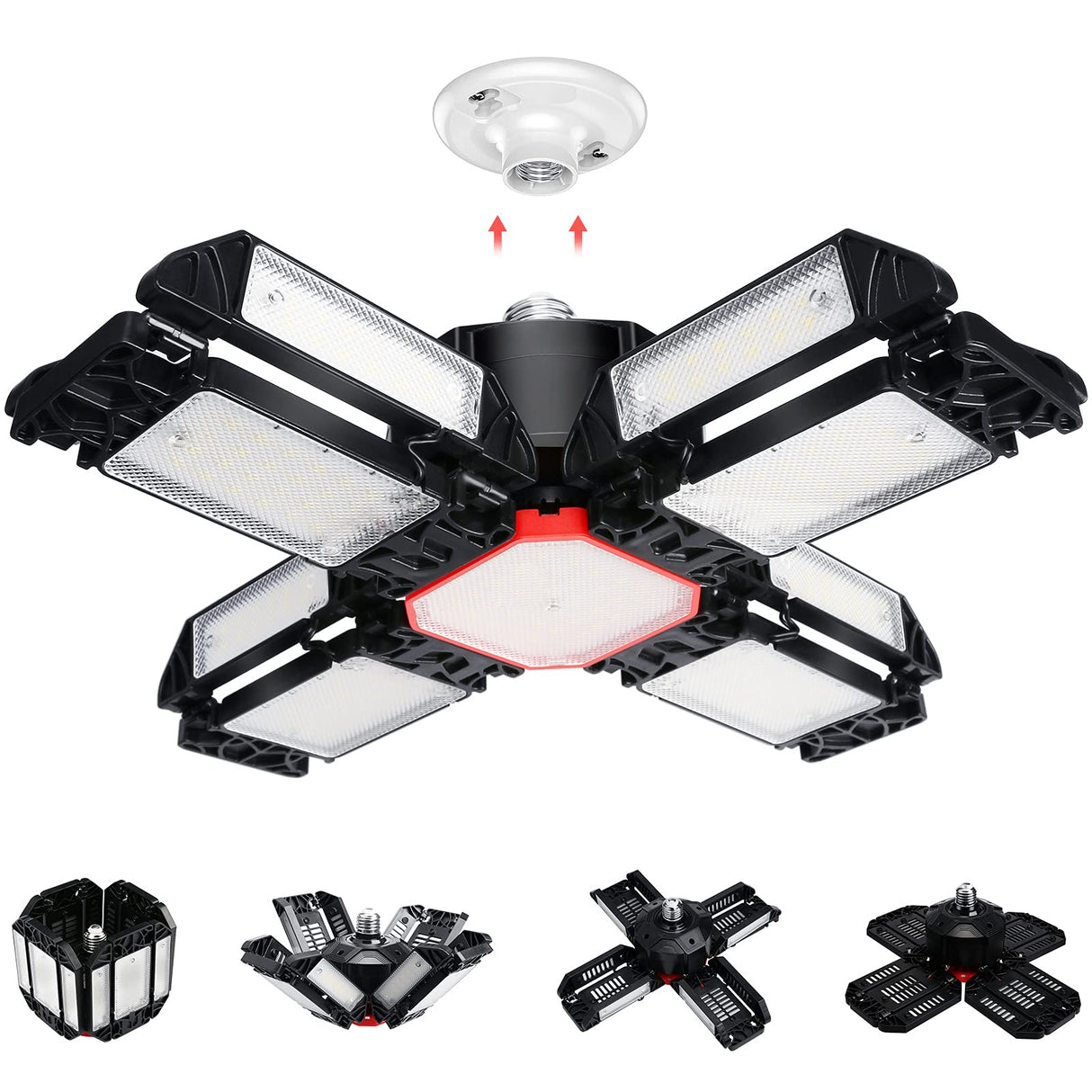 REHAVE Garage Lights Ceiling Led, 12 Panel Plug in Shop Lights with 180W 18000 LM 6500K, 12 Leaf Deformable Multi-Position , E26 E27 Base Ideal for REHAVE