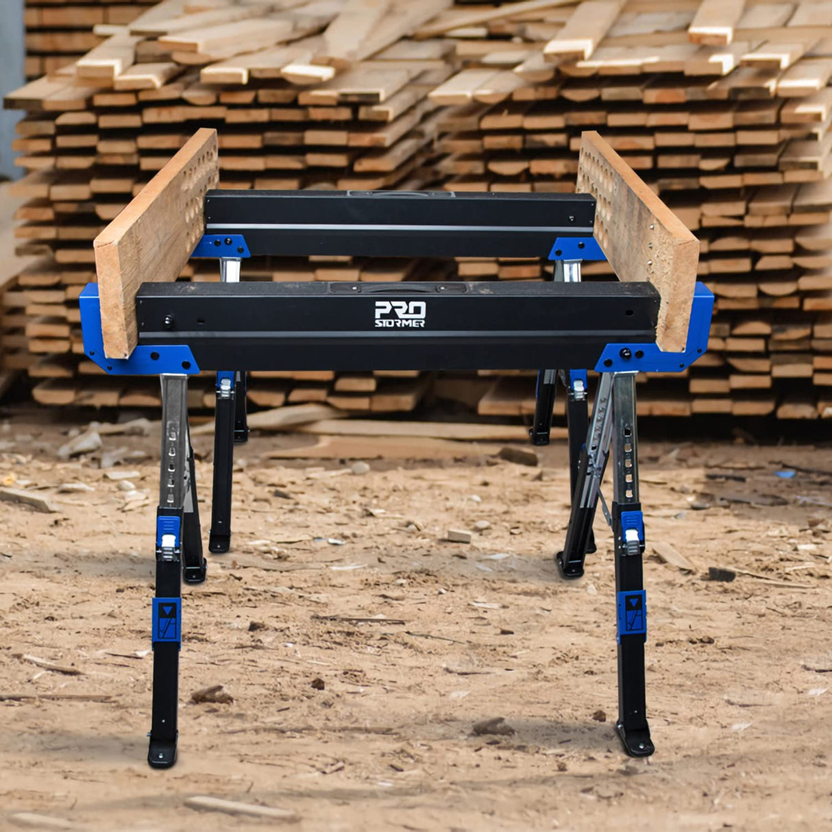 Prostormer Saw Horses 2 Pack Folding, Portable Heavy Duty Sawhorse with 2601 lbs Weight Capacity Per Pair, Adjustable Legs, Easy Carry Handle - Ideal Prostormer