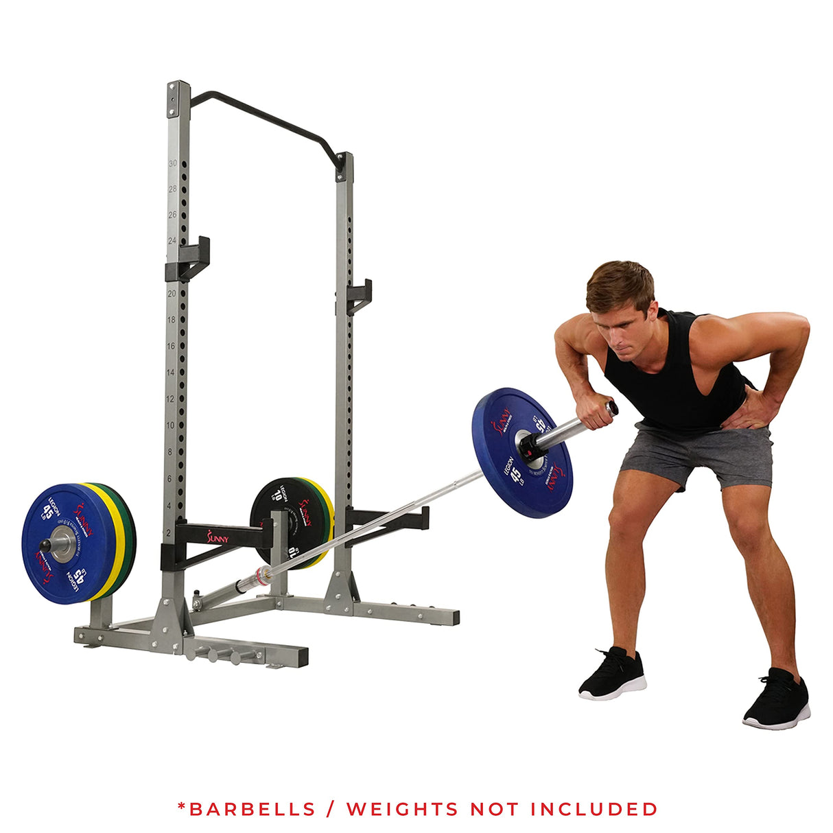 Sunny Health & Fitness Power and Squat Rack with High Weight Capacity, Olympic Weight Plate Storage and 360° Swivel Landmine and Power Band Sunny Health & Fitness