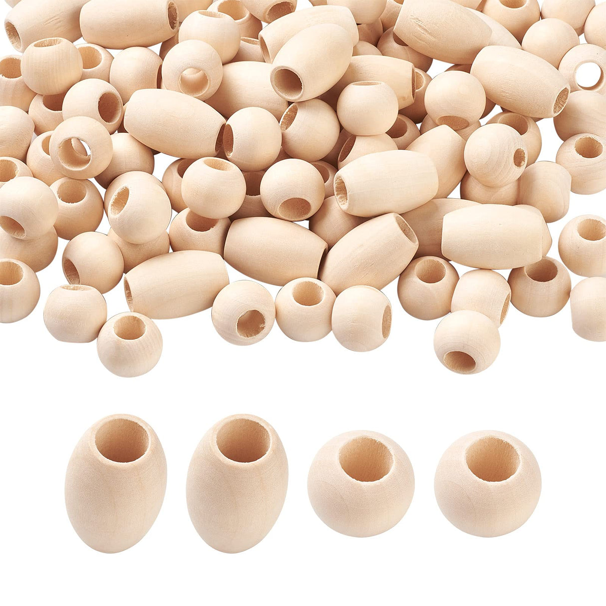 Pandahall 120Pcs Natural Large Hole Wood Beads Oval & Round Unfinished Wooden Loose Spacer Beads for Craft Jewelry Making, Hole:9-10mm PH PandaHall