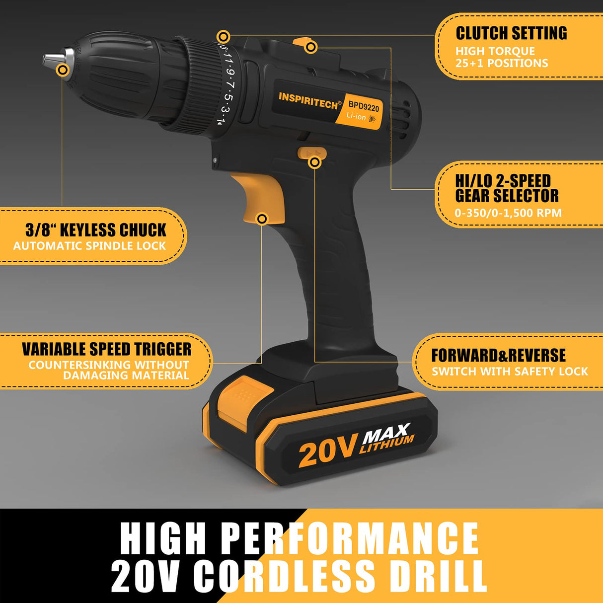 INSPIRITECH 20V Cordless Drill, Power Drill Set with 2 Batteries and Charger,3/8-Inch Chuck Electric Drill Kit with 24-Torque Setting, Drill Driver INSPIRITECH