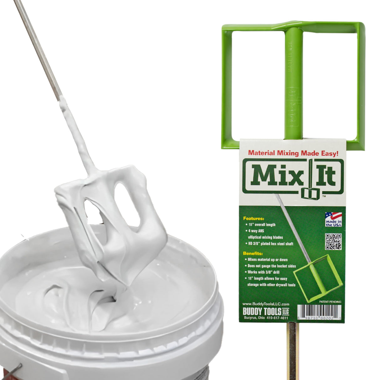 Multi-Material Mixer for Paint, Epoxy Resin, Potting Soil, Joint Compound - ABS Paddle, 18" Length, Non-Slip 3/8" Zinc Plated Hex Shaft for 1/2" Buddy Tools LLC