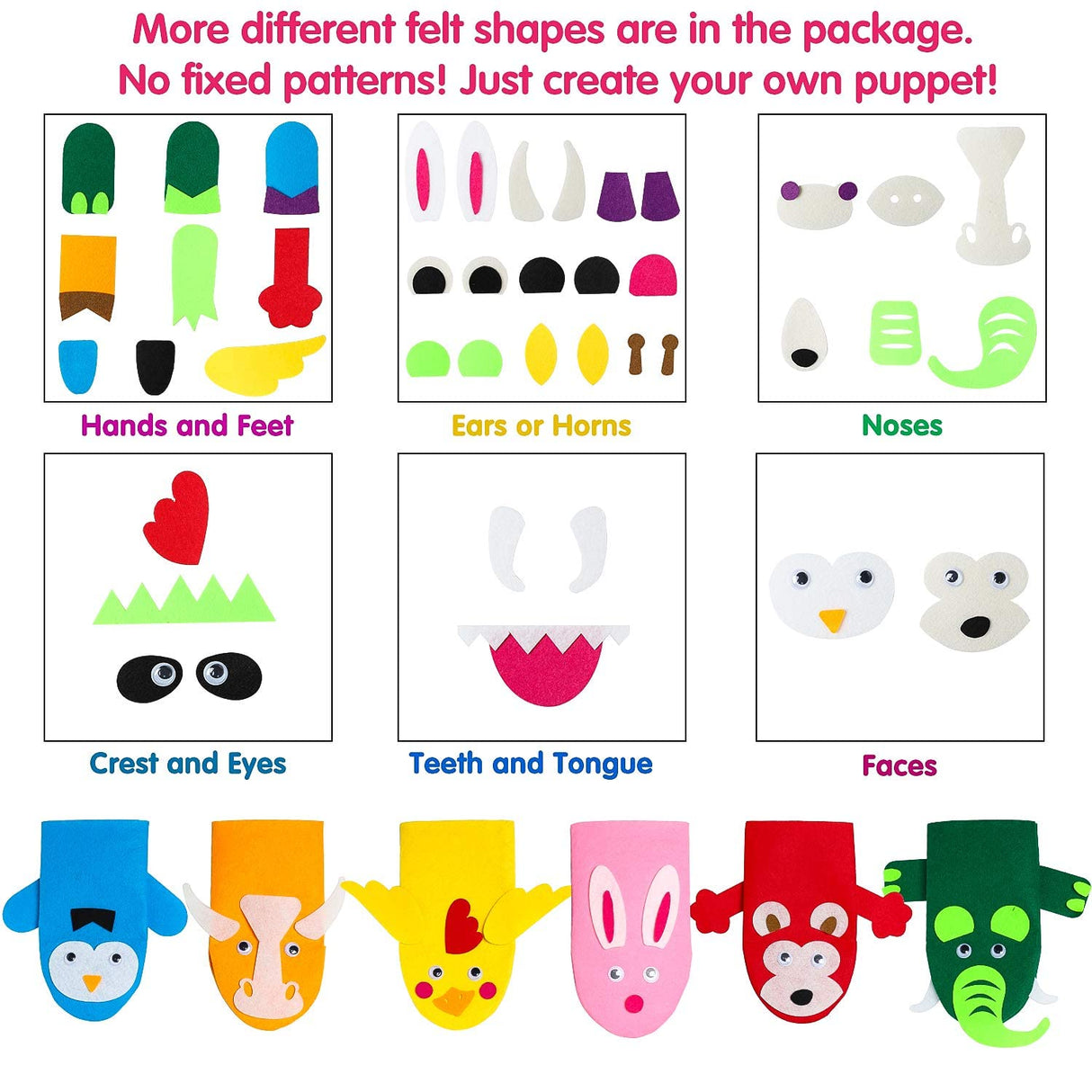 WATINC 6Pcs Hand Puppet Making Kit for Kids Art Craft Felt Sock Puppet Toys Creative DIY Make Your Own Puppets Pompoms Wiggle Googly Eyes WATINC